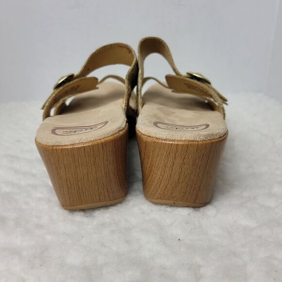 Dansko Womens Wedge Sandals Size 9.5 Gold Brown Snakeskin 2-Buckle Slip - Picture 4 of 9
